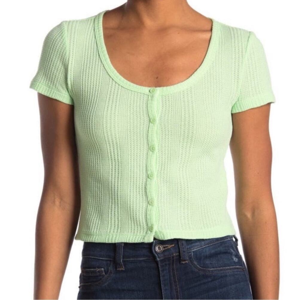 Elodie Women’s Large Green Waffle Knit Button Crop Top NWT